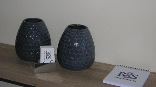 布德瓦Apartments B&S Lux的两个黑花瓶坐在木架上,书上