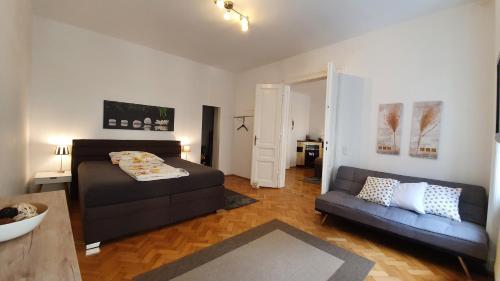 维也纳Gorgeous Viennese Apartment 10 min to City Center的客厅配有床和沙发
