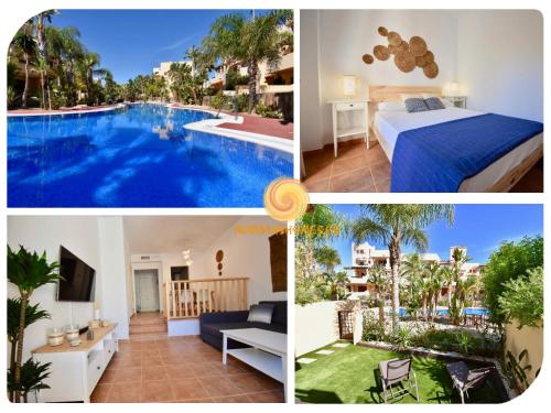 维拉Bahia Marinas - Tu hogar con jardín privado!的一张酒店照片的拼贴画,上面有一座游泳池