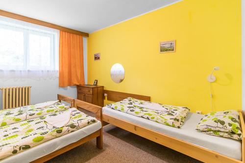 上马尔绍夫Penzion Vápenka的黄色墙壁的客房内的两张床