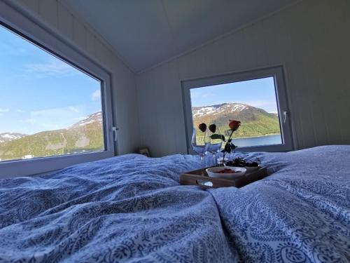 TorskenWaterfront Senja的一间卧室配有一张带蓝色毯子的床和两个窗户。