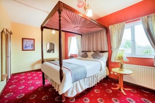 泰恩河畔纽卡斯尔OYO The Royal Hotel的一间卧室配有天蓬床和红地毯