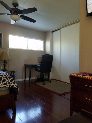 伍德兰希尔斯Woodland Hills BEST Priced Room的一间卧室配有书桌、椅子和吊扇