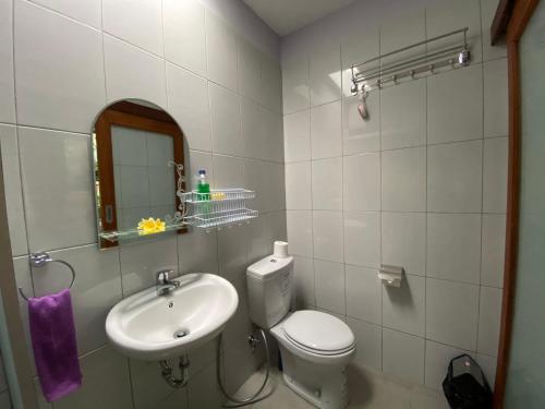 卡朗阿森Villa Melanting的一间带卫生间、水槽和镜子的浴室