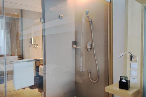 南京南京玄武苏宁诺富特酒店的浴室里设有玻璃门淋浴