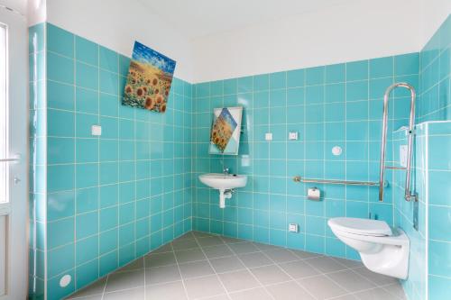 Hermanuv MestecFarma Slunečný Dvůr的蓝色的浴室设有卫生间和水槽