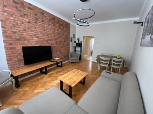卢布林Zamkowy Apartament的带沙发和砖墙的客厅