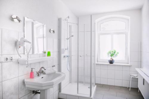 耶拿金伯莎膳食公寓的带淋浴和盥洗盆的白色浴室