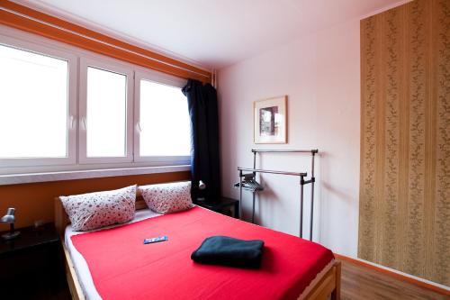 柏林公园及城市亚历克斯公寓的窗户客房内的一张红色的床