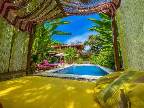 萨玛拉Cabañas Lamaite的一个带游泳池和度假村的后院