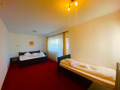 丰达塔盆苏尼索莱旅馆的一间设有两张床和红地毯的客房