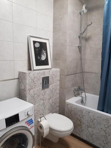卡托维兹Sun Apartment Katowice Chorzów的一间带卫生间和洗衣机的浴室
