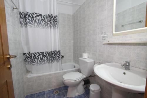 托罗尼Badis Haus的浴室设有卫生间、水槽和淋浴帘