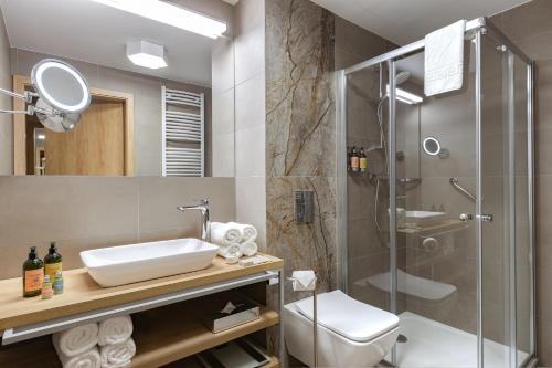 斯克拉斯卡波伦巴Platinum Mountain Hotel&SPA的带淋浴、盥洗盆和卫生间的浴室