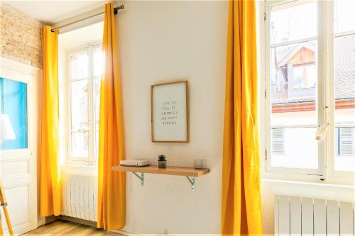 安锡L'Escale du Château à 500m du LAC rue Carnot的一间设有橙色窗帘和架子的房间