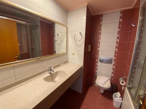 马尔马里斯Club Karakas Apart Otel的一间带水槽、卫生间和镜子的浴室