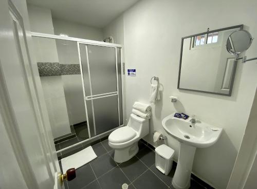 圣安德烈斯Hotel Classic VIP的浴室配有卫生间、盥洗盆和淋浴。