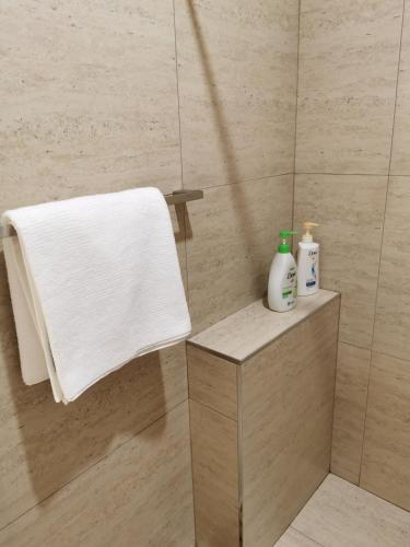 珀斯BHA unit 5的带淋浴、毛巾和盥洗盆的浴室