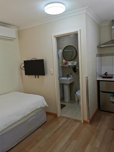 珀斯BHA unit 5的一间卧室配有床、水槽和镜子