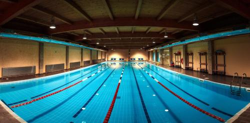 阿特劳滨河宫酒店的一座带大型游泳池的室内游泳池