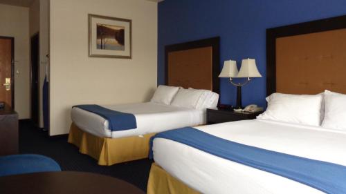 新布法罗密歇根新布法罗智选假日酒店的两张位于酒店客房的床,拥有蓝色的墙壁