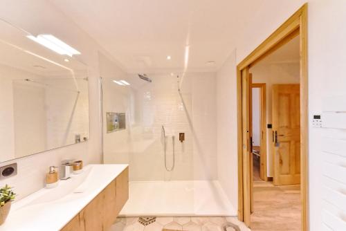 埃加利埃Le Mas des Fées的带淋浴和浴缸的白色浴室