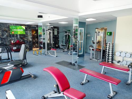 达累斯萨拉姆达累斯萨拉姆假日酒店的一间健身房,里面设有数个健身器材