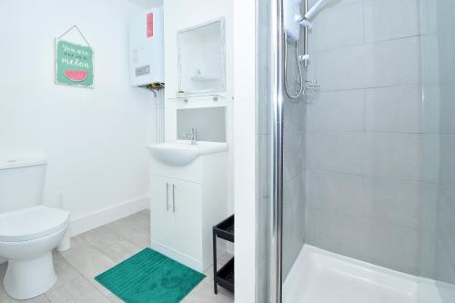 Trent ValeTownhouse @ 543 London Road Stoke的带淋浴、卫生间和盥洗盆的浴室