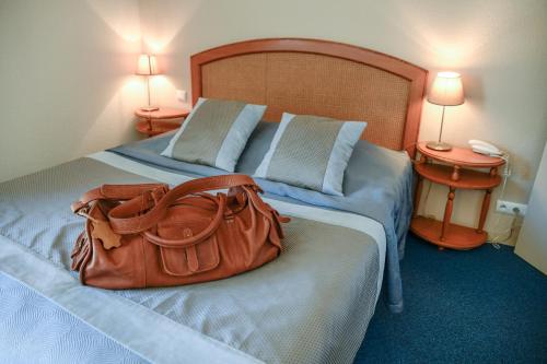 塞纳河畔罗米伊Nicey - Hôtel Spa, Lounge, Coworking的坐在酒店房间床上的钱包