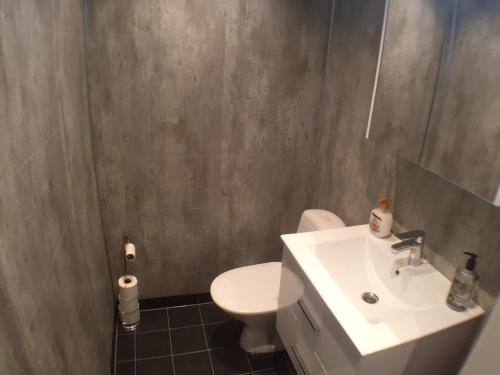 马尔默Dubbelrum med extrasäng på markplan i lugnt villaområde的浴室配有白色水槽和卫生间。