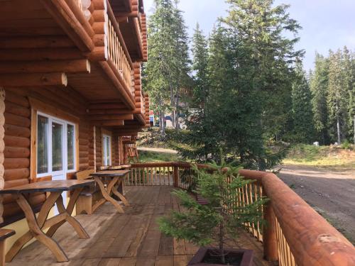 德拉格布拉特Alpin Eco Chalet & Wellness的小木屋的门廊,带野餐长凳