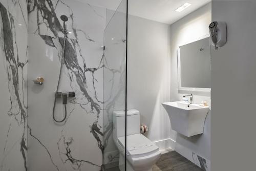 圣多明各里亚索尔酒店的带淋浴、卫生间和盥洗盆的浴室