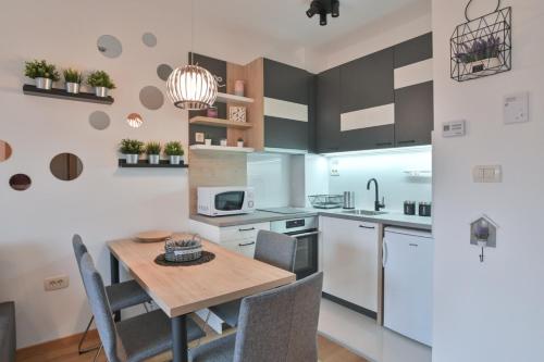 兹拉蒂博尔Apartman Ivona - Vila Peković的厨房以及带桌椅的用餐室。