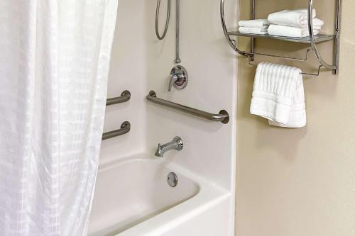 科里奥波利斯Comfort Suites Pittsburgh Airport的带浴缸和淋浴帘的浴室