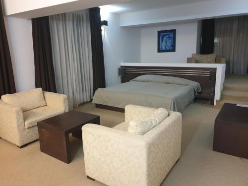 洛维奇Hotel Presidivm Palace的酒店客房,配有一张床和两把椅子