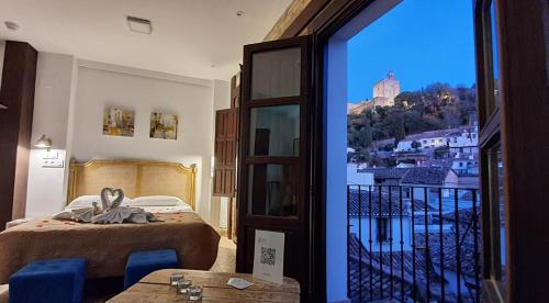 格拉纳达Casa Mirador Alhambra的市景卧室 - 带1张床