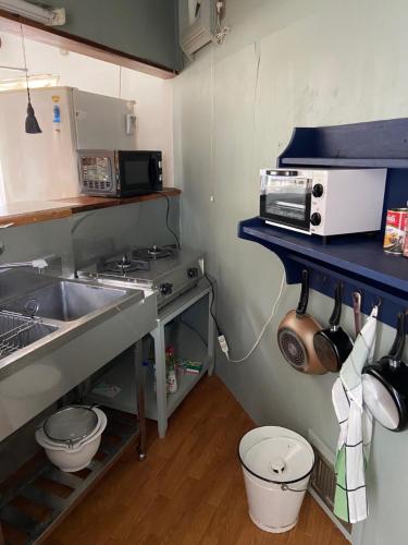 镰仓市Kamakurayama Holiday Flat的一间带水槽和微波炉的小厨房
