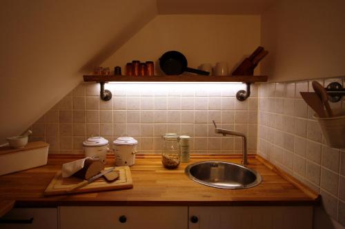 FrankenbergFerienwohnung Spatzennest的厨房柜台设有水槽和架子