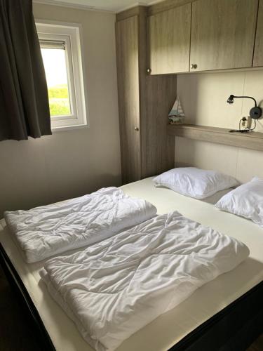 BiggekerkeLuxe Chalet dichtbij Zoutelande的卧室设有两张未铺床,设有窗户