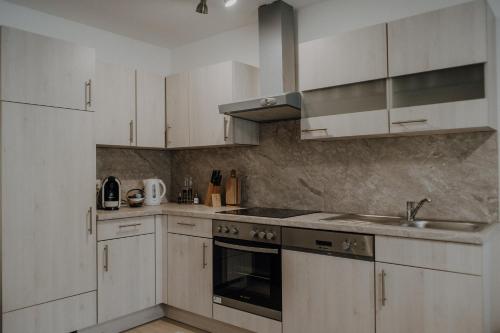 弗劳恩基兴Peter Lamster Top2的厨房配有白色橱柜、水槽和炉灶。