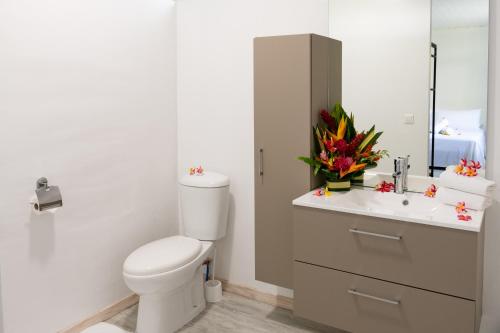 波拉波拉Matira Sandy Home 658 DTO-MT的一间带卫生间、水槽和镜子的浴室