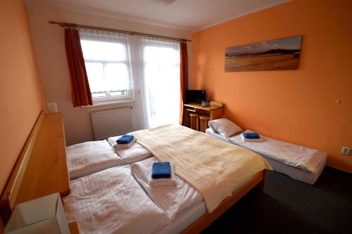利特威诺夫Hotel Emeran的一间卧室设有两张床和窗户。