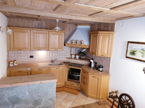 瓦尔迪登特罗Taverna Larice的厨房配有木制橱柜和台面