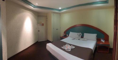 墨西哥城HOTEL ORION的一间卧室配有一张大床和木制床头板