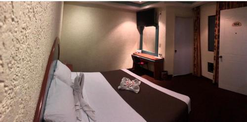 墨西哥城HOTEL ORION的一间卧室,床上有鞋