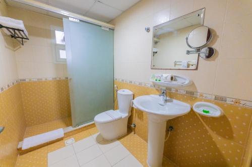 阿吉曼伊万塔楼酒店的一间带卫生间、水槽和镜子的浴室