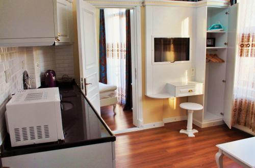伊斯坦布尔IQ Hotel Galatasaray的一间带水槽和微波炉的小厨房