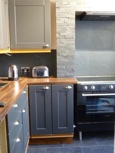 基德明斯特Charming Spacious Apartment, Kidderminster的厨房配有蓝色橱柜和黑色烤箱