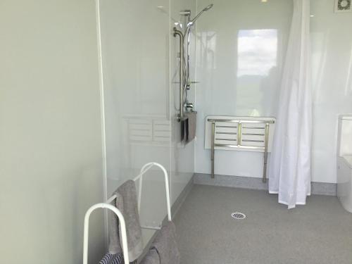 怀希Waihi Gold Alpacas 1 or 2 people的带淋浴和盥洗盆的白色浴室