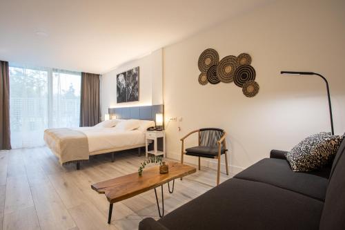 奥尼亚特Soraluze Hotela的一间卧室配有一张床、一张沙发和一张桌子